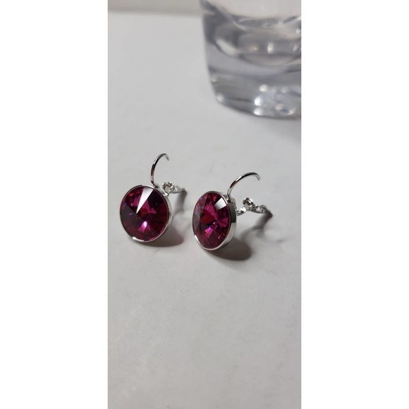 Swarovski Element Earrings Fusha pink round New!. Minimalis Party. Wedding. Work - Picture 3 of 5